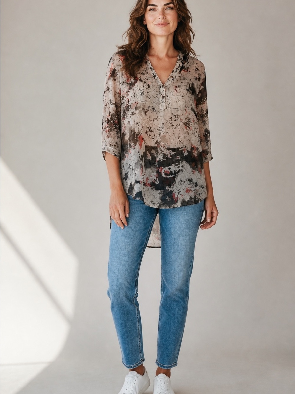 Papillon Blanc NWOT Beige Black Sheer Blouse, Adjustable Sleeve, Airy, Light